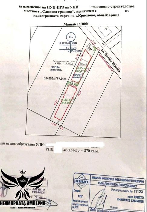 Продавам парцел статут УПИ 870кв.м. в с.Крислово, общ.Марица