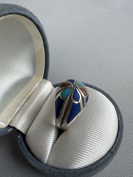 Inel din argint, lapis lazuli, turcoaz si piatra soarelui