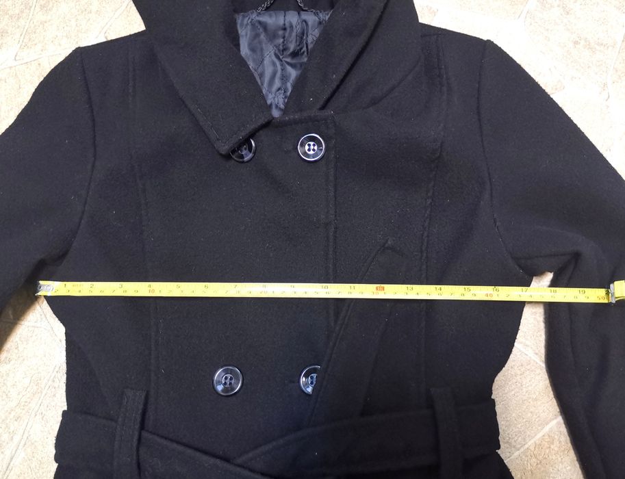 Palton negru elegant, cu cordon, M, de damă