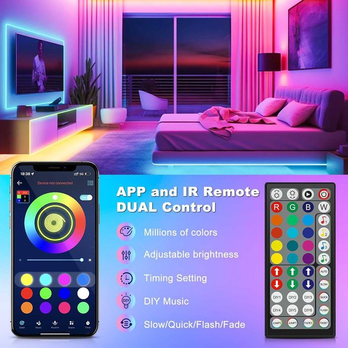 LED лента, 20M гъвкава RGB LED лента за декорация на стая, Bluetooth приложение за управление