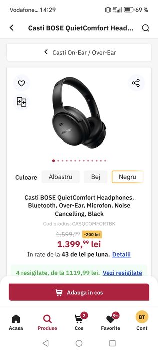 Casti BOSE QuietComfort Headphones, Bluetooth, Over-Ear, negru
