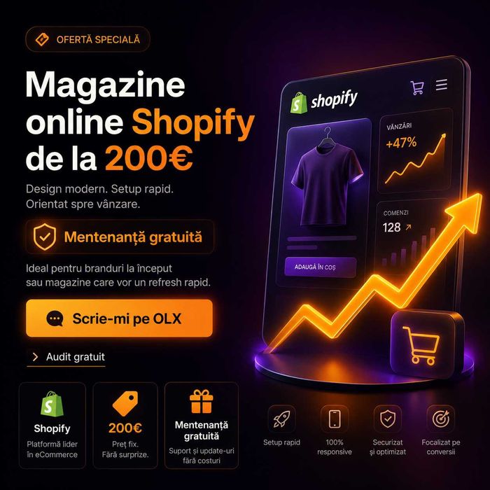 Creare magazin online Shopify de la 200€ + mentenanță gratuită