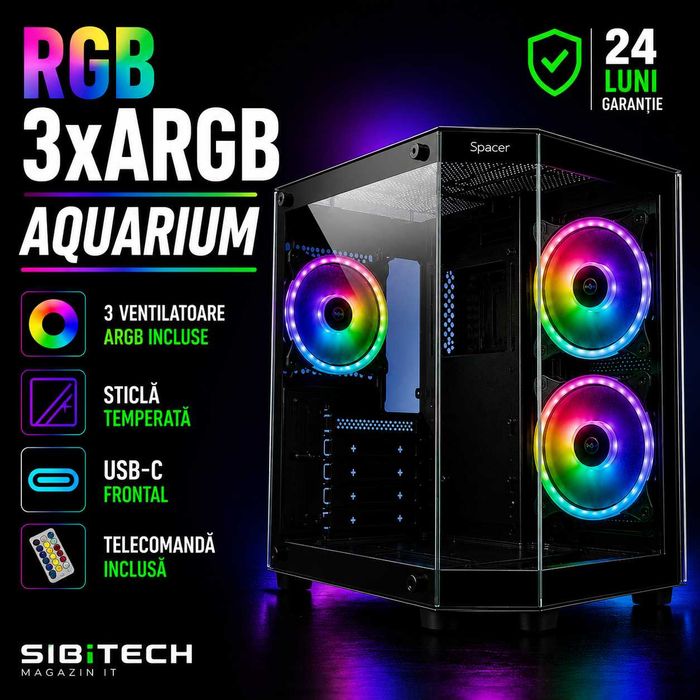Carcasă Gaming RGB 3xARGB Aquarium USB-C Telecomandă, garanție 2 ani, nouă