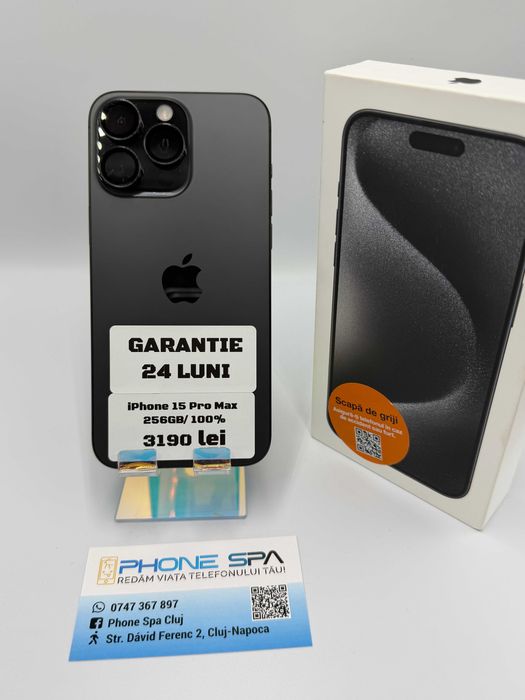 iPhone 15 Pro Max 256GB 100% - Din magazin,cu garantie! RATE TBI !