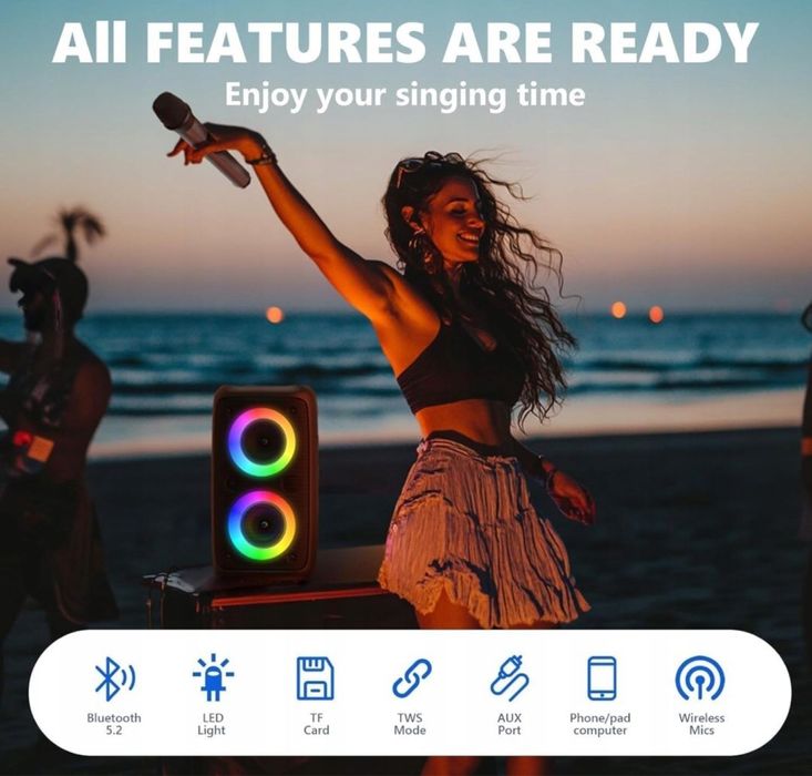 Karaoke Bluetooth колона с 2 безжични микрофона и LED светлини