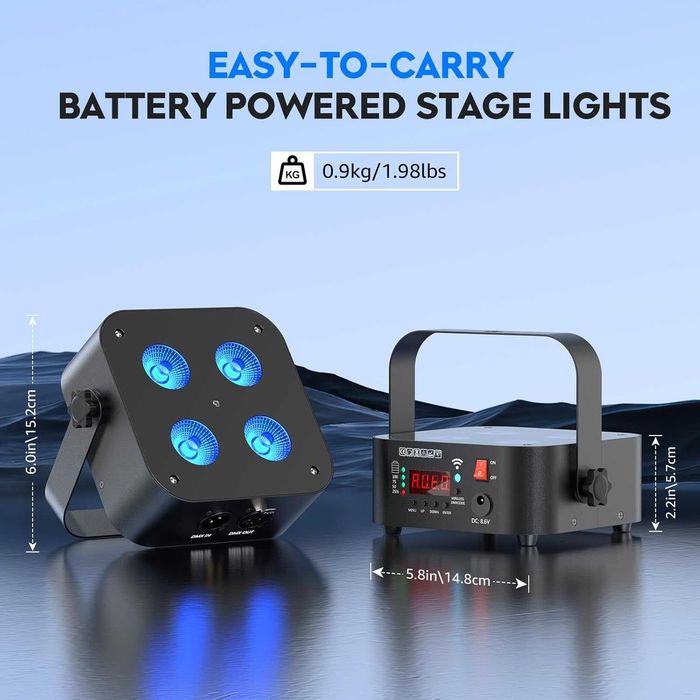 Мини акумулаторни сценични светлини, 4 * 18W RGBWA UV 6 в 1, захранвани от батерии