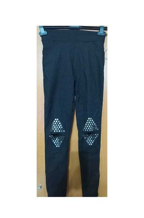 Jeggings/ Blugi-colant moderni negru cu tinte si taieturi in genunchi