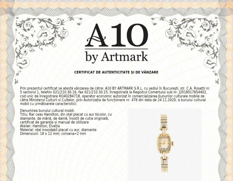 ceas de colectie rar Hamilton evaluat de Artmark la 1200 euro,  din anul 1950 placat cu aur si ornat cu diamante