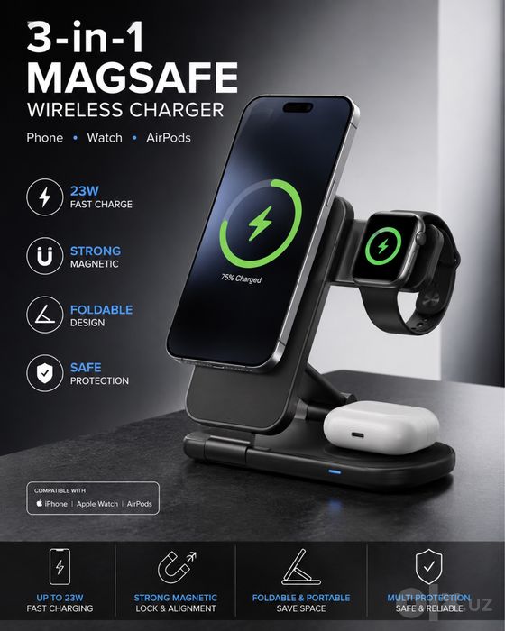 3-in-1 MagSafe Wireless Charger — iPhone, Apple Watch, AirPods