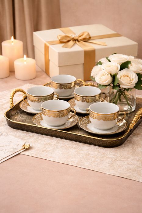 Set cesti cafea ceramica cu farfurioare, 12 piese, alb cu auriu, pentru 6 persoane, model elegant, ideal cadou