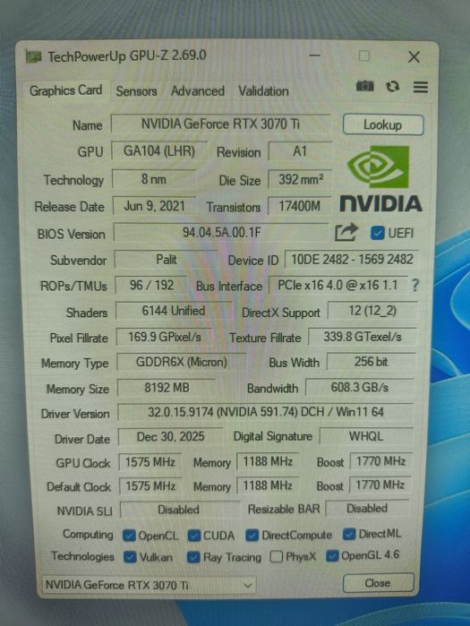 Palit GamingPro RTX3070Ti 8Gb GDDR6X