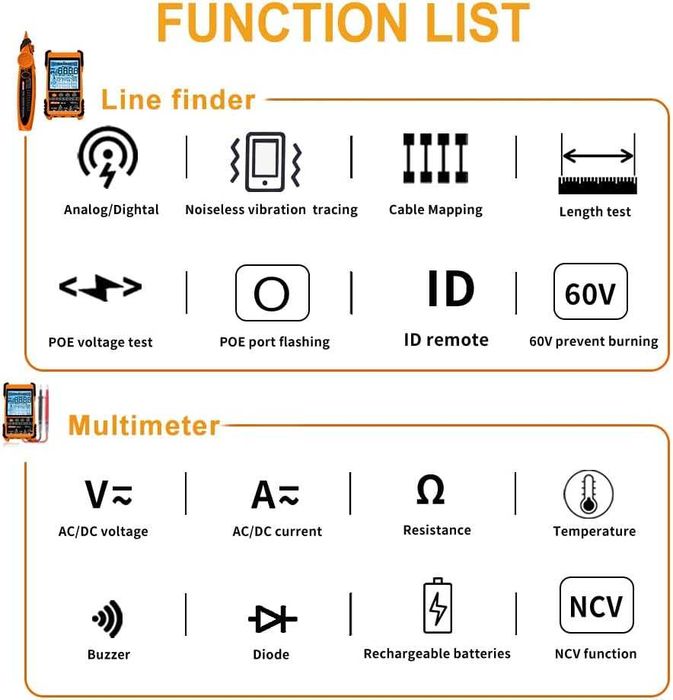 Tester Cablu Retea POE RJ45 cu Multimetru Digital LCD Masurare Lungime 600m Scanare Anti-Interfete 3 ID Pairing Test Voltaj Curent Temperatura Lan