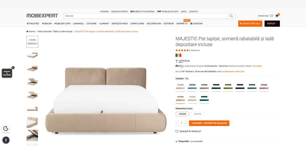 Pat tapitat MAJESTIC, Mobexpert, somiera rabatabila si lada depozitare