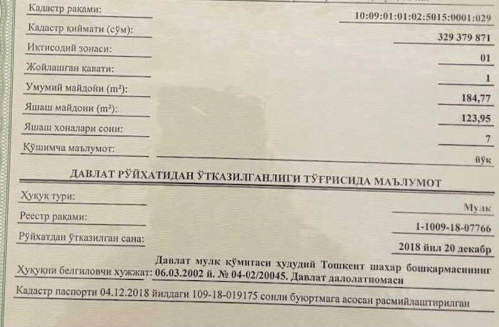 Дархон 10/2-1/9 Сррем 280 кв.м ор: Хамид Олимжон Дархон