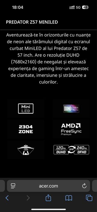 Monitor Gaming Acer Predator z57 145CM MiniLed, sigilat gar 3ani!