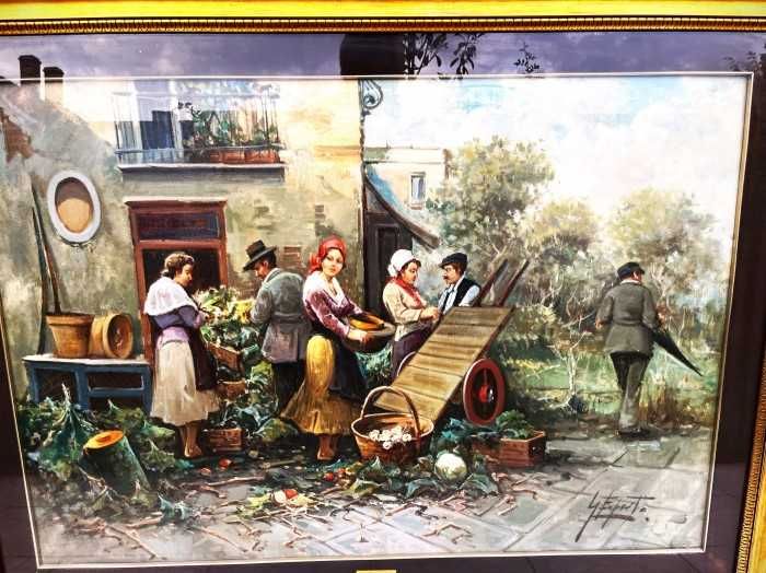 Spectaculoasa pictura in ulei pe panza-Piata citadina-personaje expresive-Italia