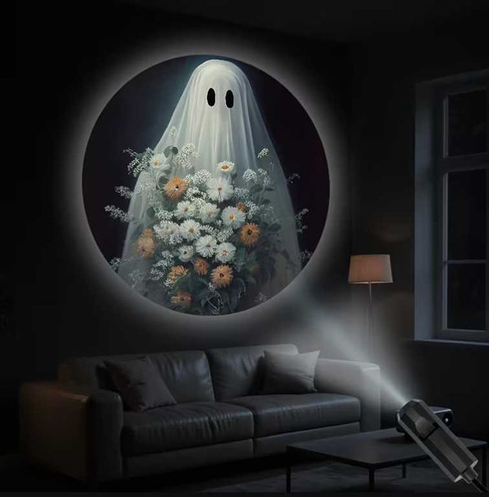 LED проектор лампа за Halloween Хелоуин, 6 хорър прожекции, с USB декорация, украса