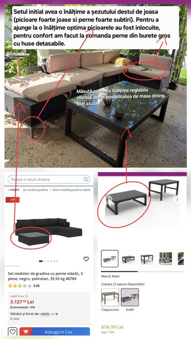 Set gradina/terasa poliratan (coltar, fotoliu, masa înălțime reglabila