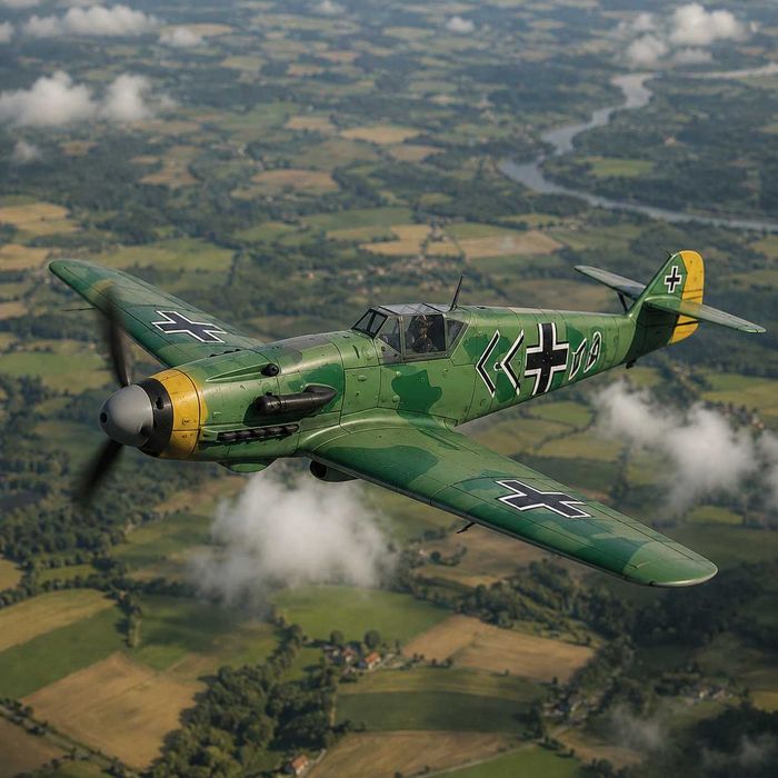 Macheta avion BF-109 scara 1:48 22cm gri /verde/blue camuflaj