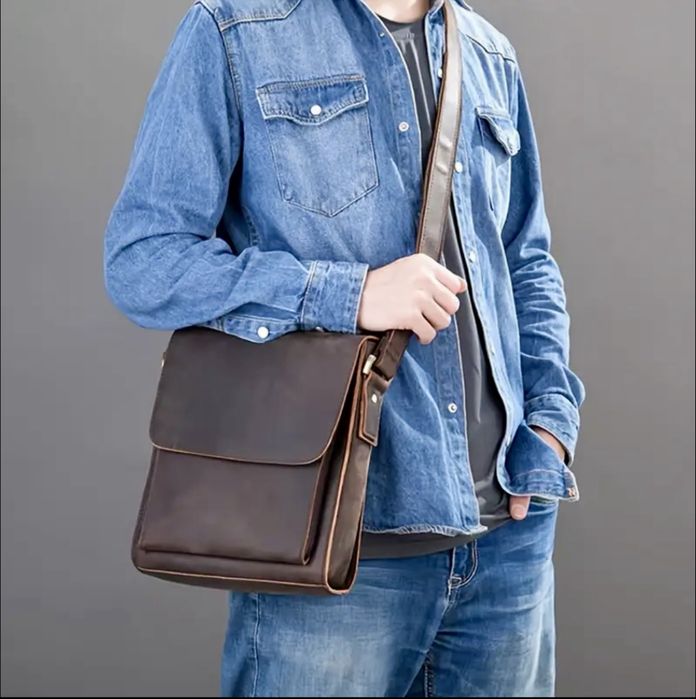 Мъжка луксозна чанта за през рамо•Кафява Crazy Horse кожа -10%Промоция