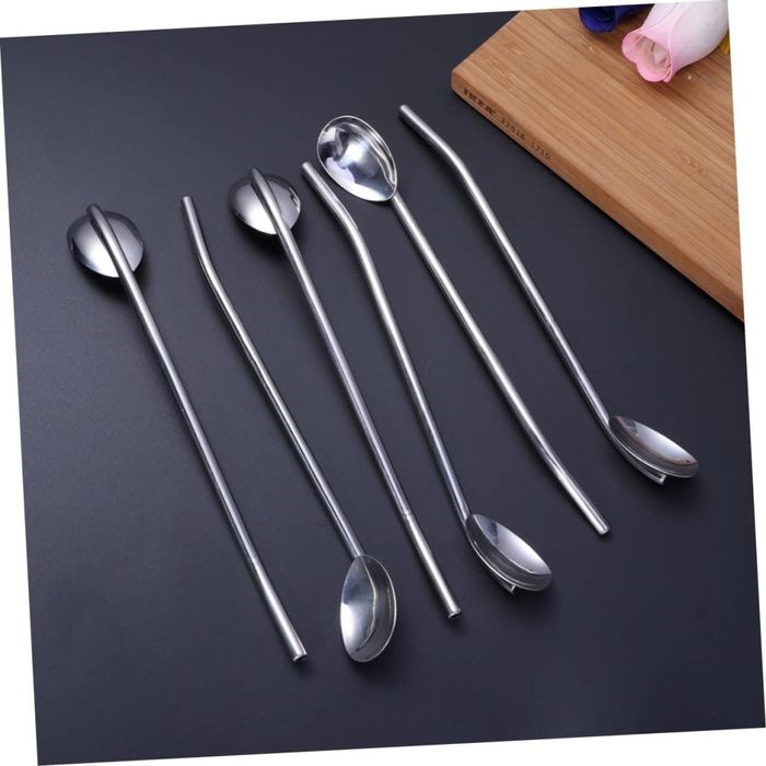 Комплект от 6 броя метални лъжици със сламки 2в1 + ПОДАРЪК ЧЕТКА - ПРО