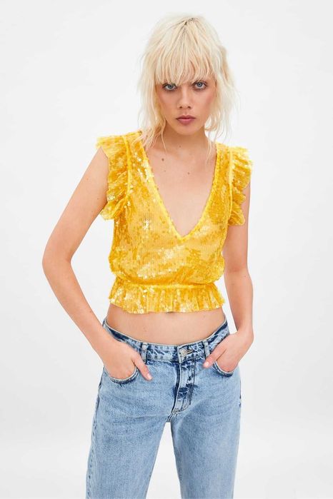 НОВ топ ZARA от тюл и паети
