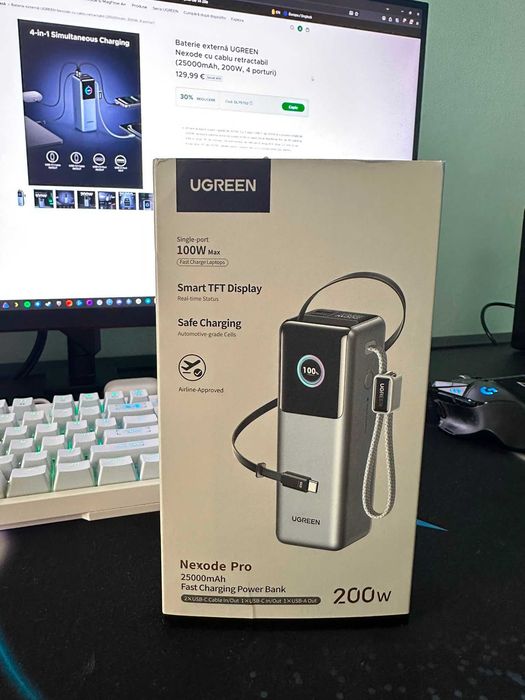 Baterie externă UGREEN Nexode cu cablu retractabil (25000 mAh 200W)