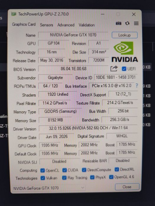 Gigabyte GTX 1070 8Gb 256bit