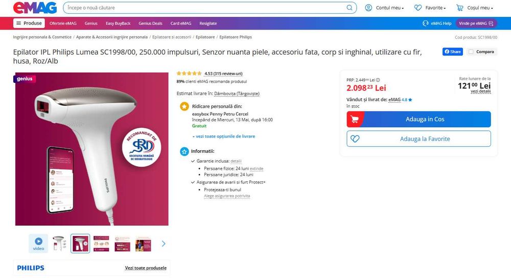 Epilator IPL Philips Lumea SC1998/00, 250.000 impulsuri,