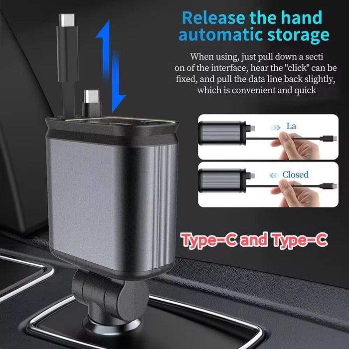 Incarcator Auto 4 in 1 Cu Cabluri Retractabile USB C Proectie Cer Inst