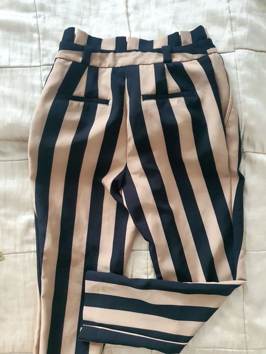 New Look Petite XXS XS pantaloni 3/4 cu dungi talie înaltă bej negru skinny noi