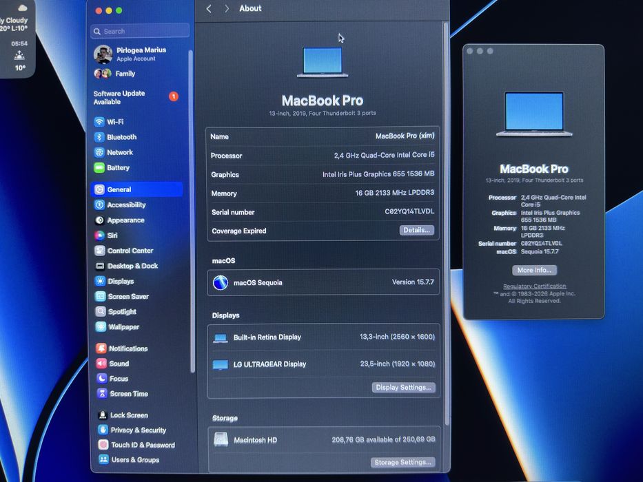 Vând Apple MacBook Pro 13-inch (2019) Intel i5 / 16GB RAM / 256GB SSD