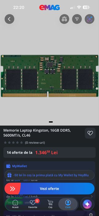 Memorie RAM Laptop Kingston, 16GB DDR5, 5600MT/s, CL46, GARANTIE EMAG 24 LUNI