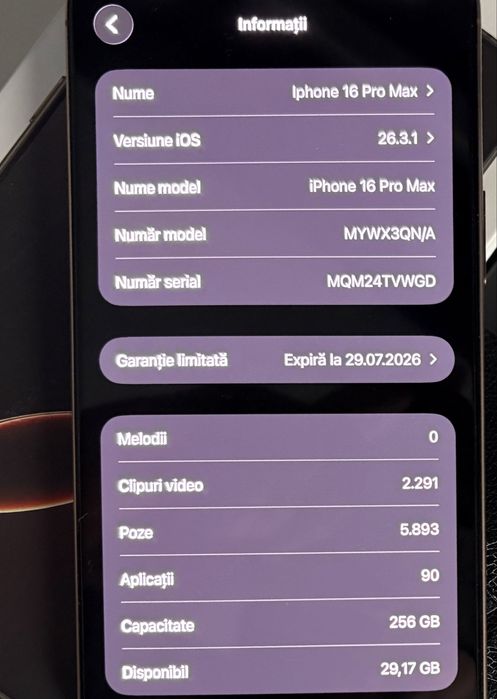 Vand iPhone 16 ProMax 256GB Desert CA NOU