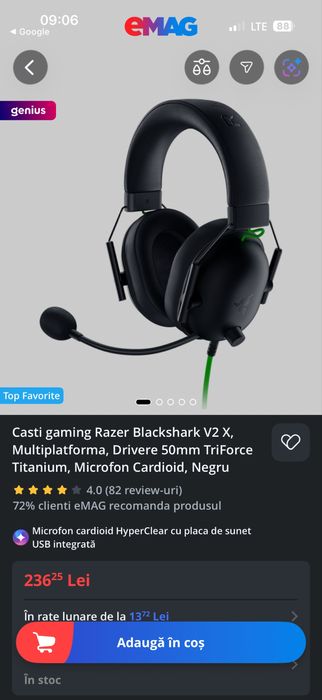 Căști Gaming Razer BlackShark V2 X - Stare Foarte Bună