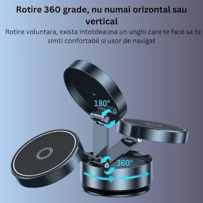 Suport Telefon Magnetic, Fixare Ultra-Stabila prin Vacuum, Rotire 360°