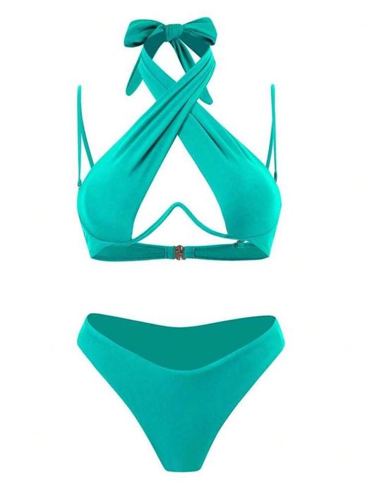 Costum baie 2 piese incrucisat turcoaz