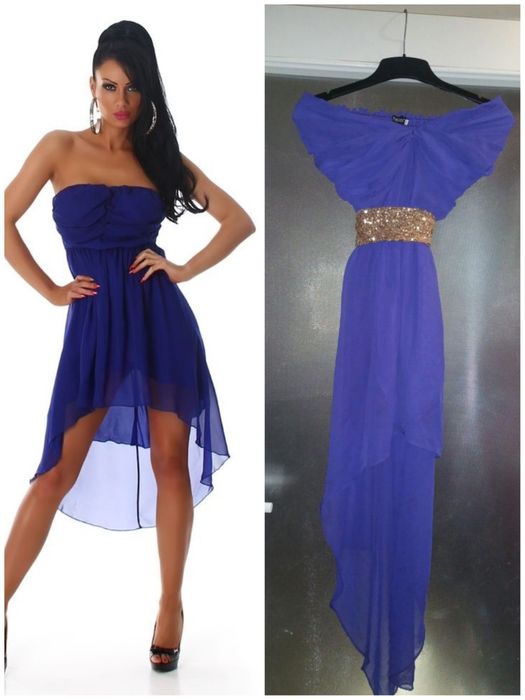 rochie asimetrica fara maneci voal albastra mov lila cordon talie mini