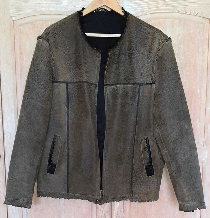 Мъжко яке бутик, естествена кожа, бежово-черно