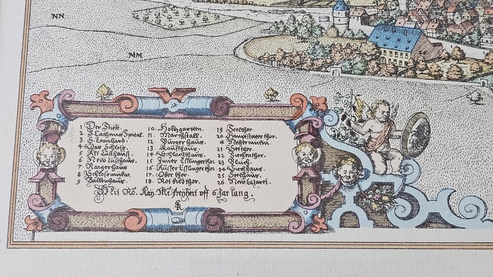 Veduta panoramica Stuttgart 1594 - interpretare dupa Braun & Hogenberg – rama aurita – documente