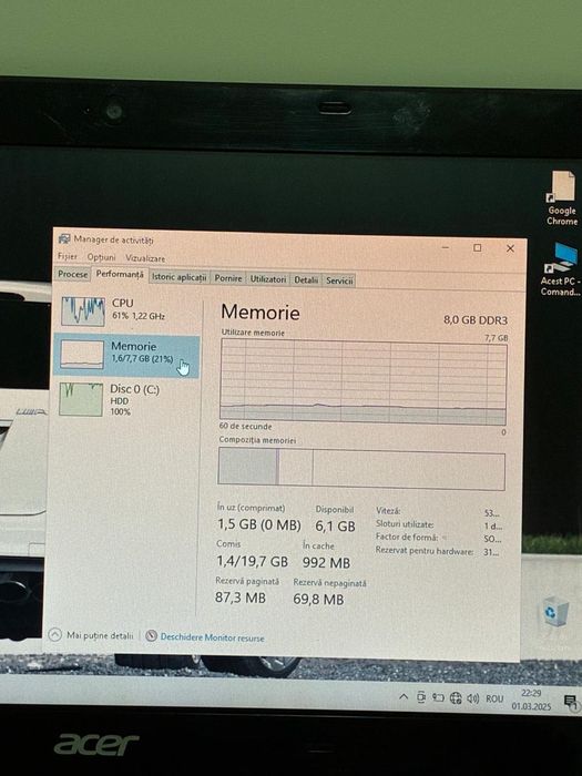 Laptop Acer Aspire One 725 C7 11,6” 2gb RAM 320 hdd w10