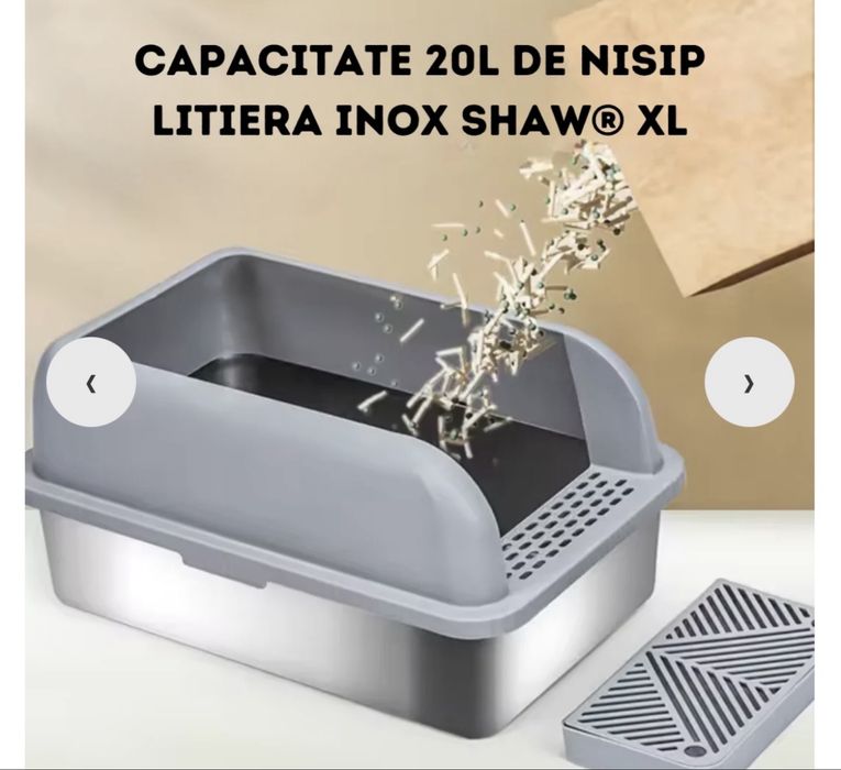 Litieră inox Shaw XL, 40×60 cm, cu ramă înaltă și covoraș