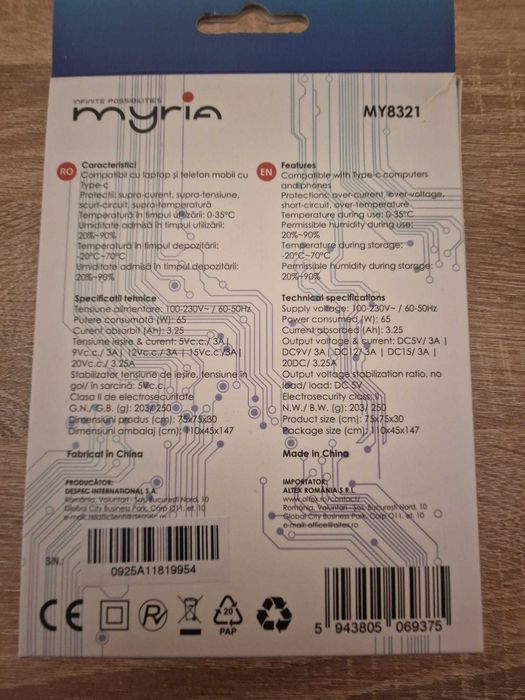 Incarcator laptop smartphone telefon MYRIA MY8321 65W fast charge cablu 1,7m sigilat garantie