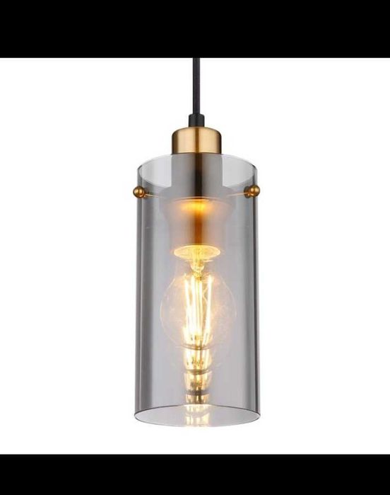 Lustra/ Pendul suspendat cilindric sticla fumurie, negru/ auriu alama