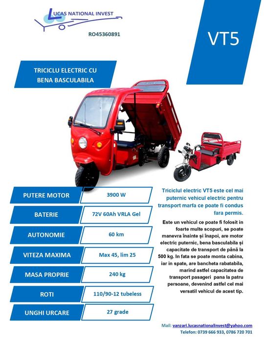 OFERTA: Triciclu electric, fara permis, cu cabina, rate