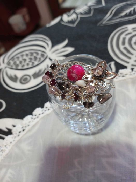 Комплект бижута с розов ахат,опушен кварц,бял ахат,гранат