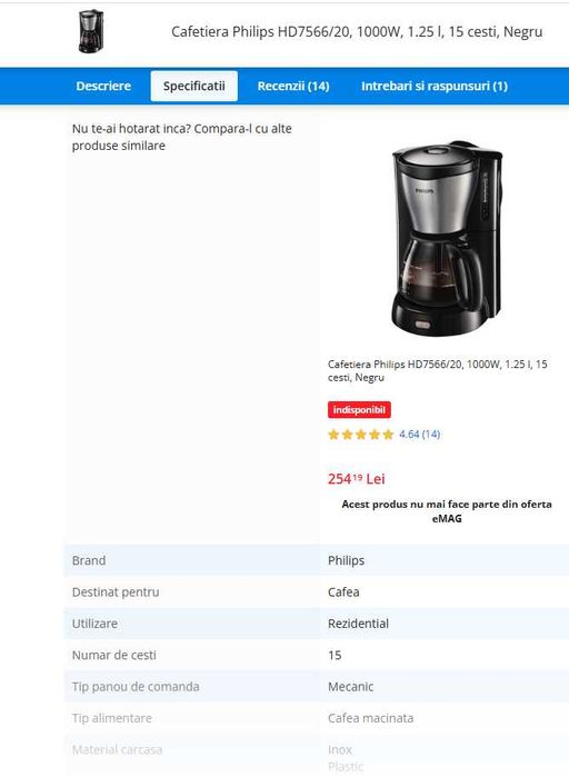 Cafetiera Philips HD7566/20 si doua cutii de filtre cadou