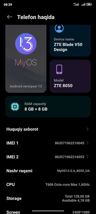 ZTE BLADE V50 DESIGN    Srochna sotiladi!!!