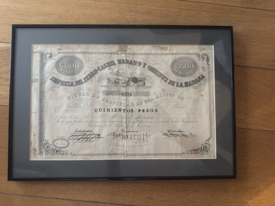 Acțiune Ferrocarril Urbano y Ómnibus de La Habana – 500 pesos, 1876