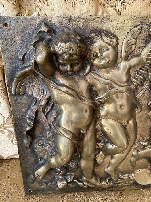 Placa Bronz Masiv Basorelief Ingerasi Amorasi Tablou Vintage Sculptura